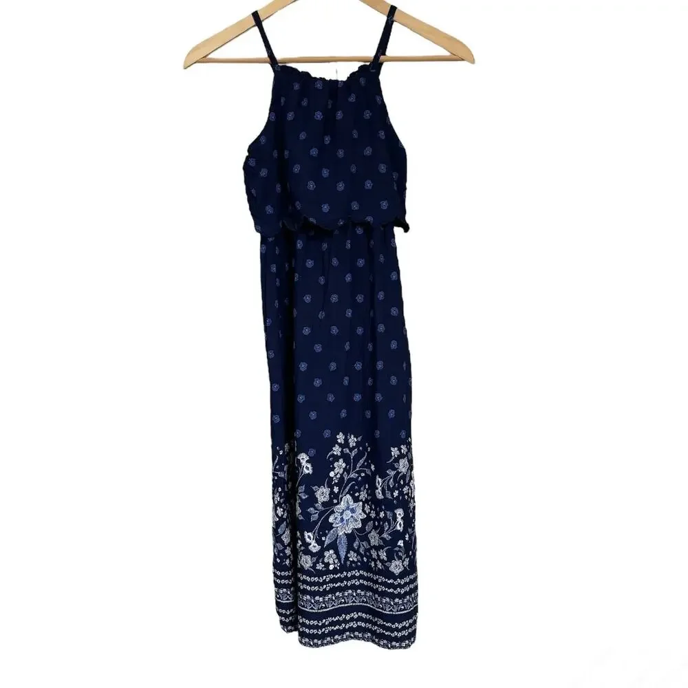 Girls M 8 Old Navy Scalloped Blue White Floral Maxi Summer Sundress Dress